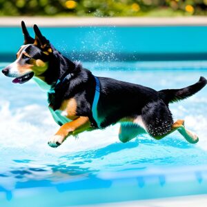 dog playing at the pool