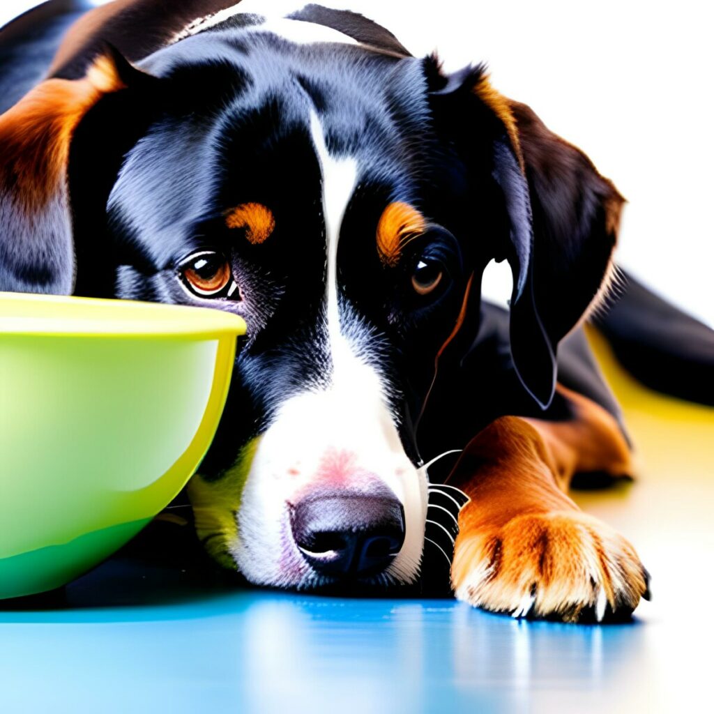 The sick senior dog won't eat. The senior dog is laying next to the food bowl.