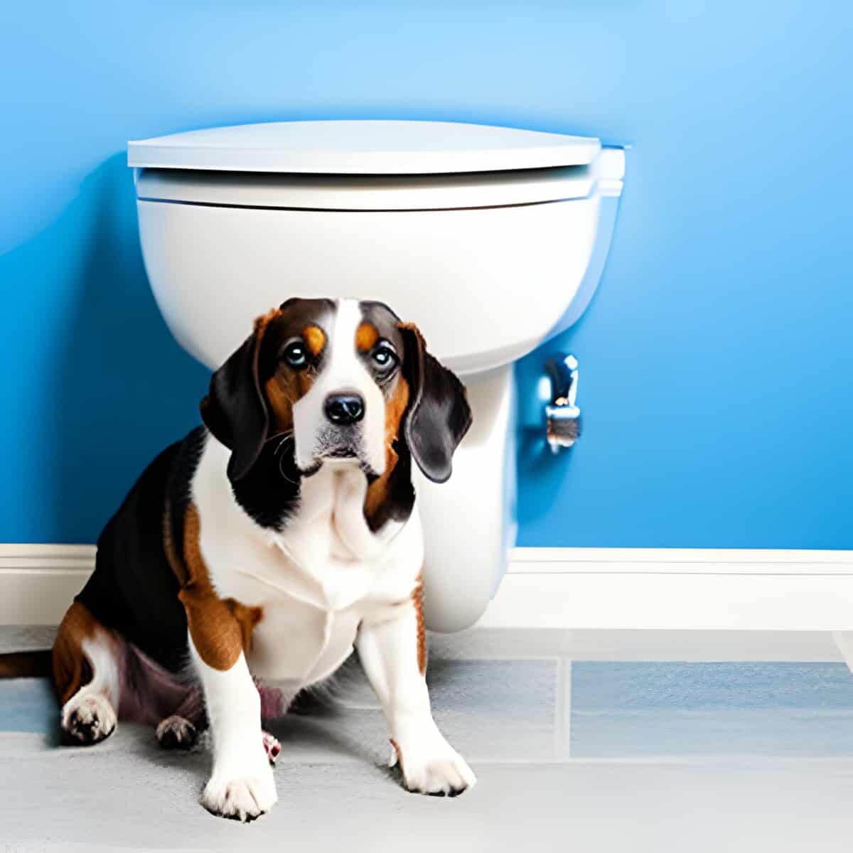 old dog sitting next to a toilet. Old dog incontinence