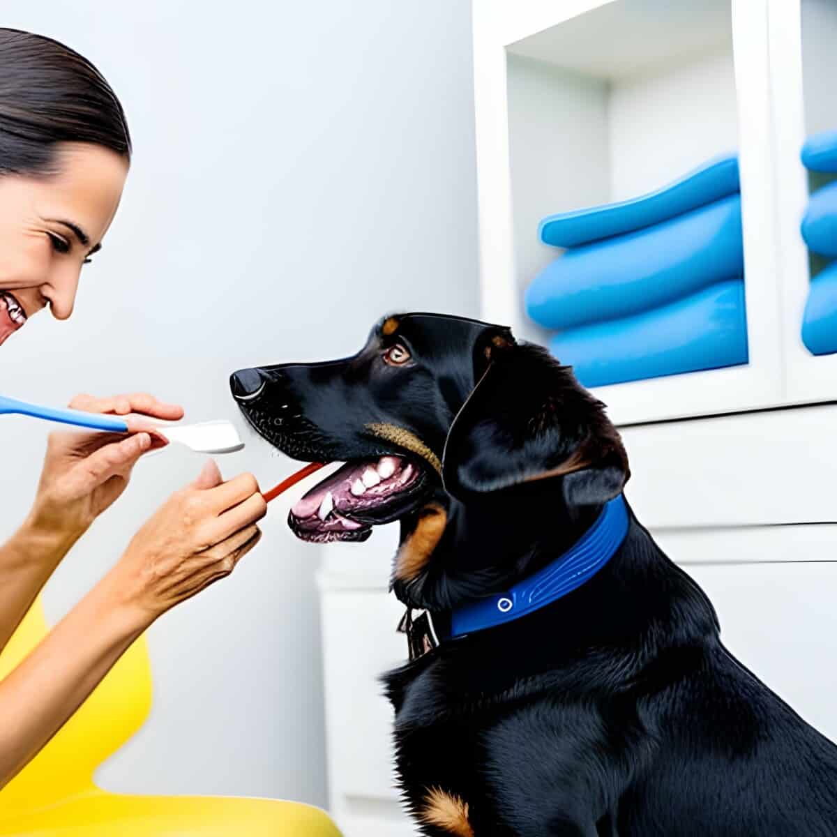 a dog owner is brushing dog teeth. She is showing how to brush dogs teeth