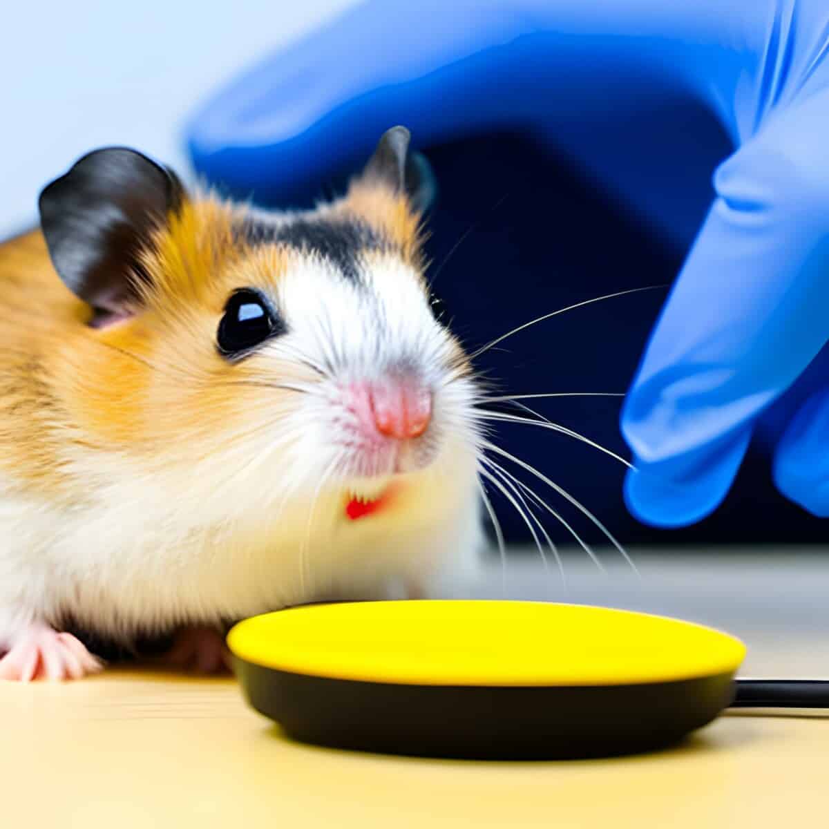 hamster with eye infection in vets office. A vets hand with gloves is looking at the hamster.