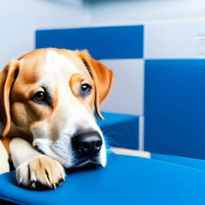 bloat in dogs. Dog in vet office awaiting bloat surgery.