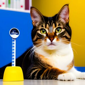 a cat is sitting next to a thermometer in vets office. How to tell if a cat has a fever.