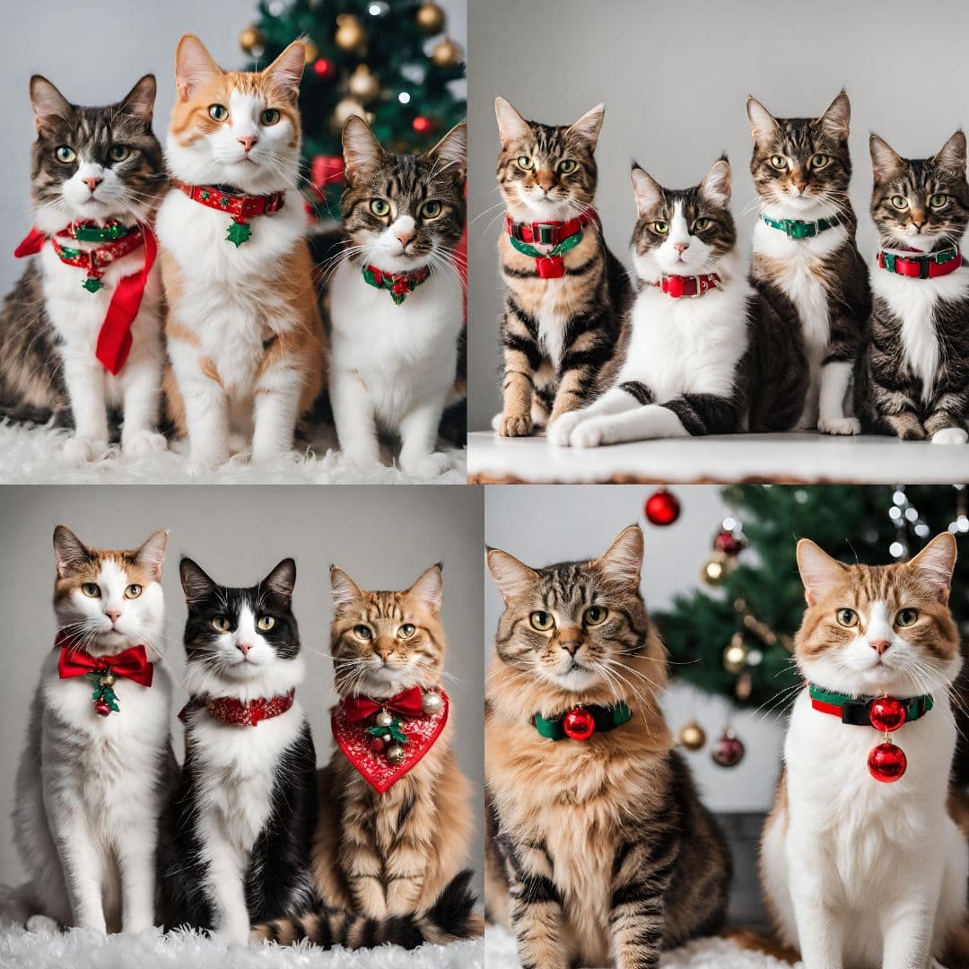 Cat Christmas Collars cats are posing for a photo wearing christmas collars
